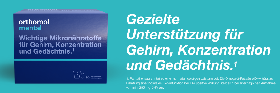 Blaue Verpackung mit Text: Orthomol mental. Wichtige Mikronährstoffe für Gehirn, Konzentration und Gedächtnis.